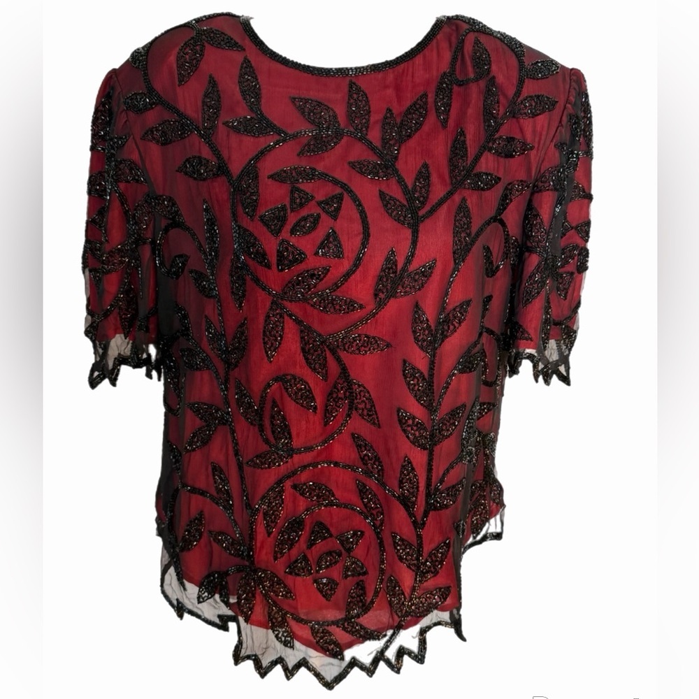 100% Silk Red Sheer Blouse Black Beaded Floral Top Scalloped Hem Elegant Large - Picture 2 of 6